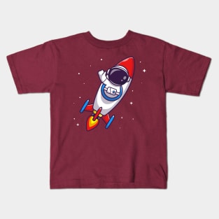 Astronaut Riding Rocket Cartoon Kids T-Shirt